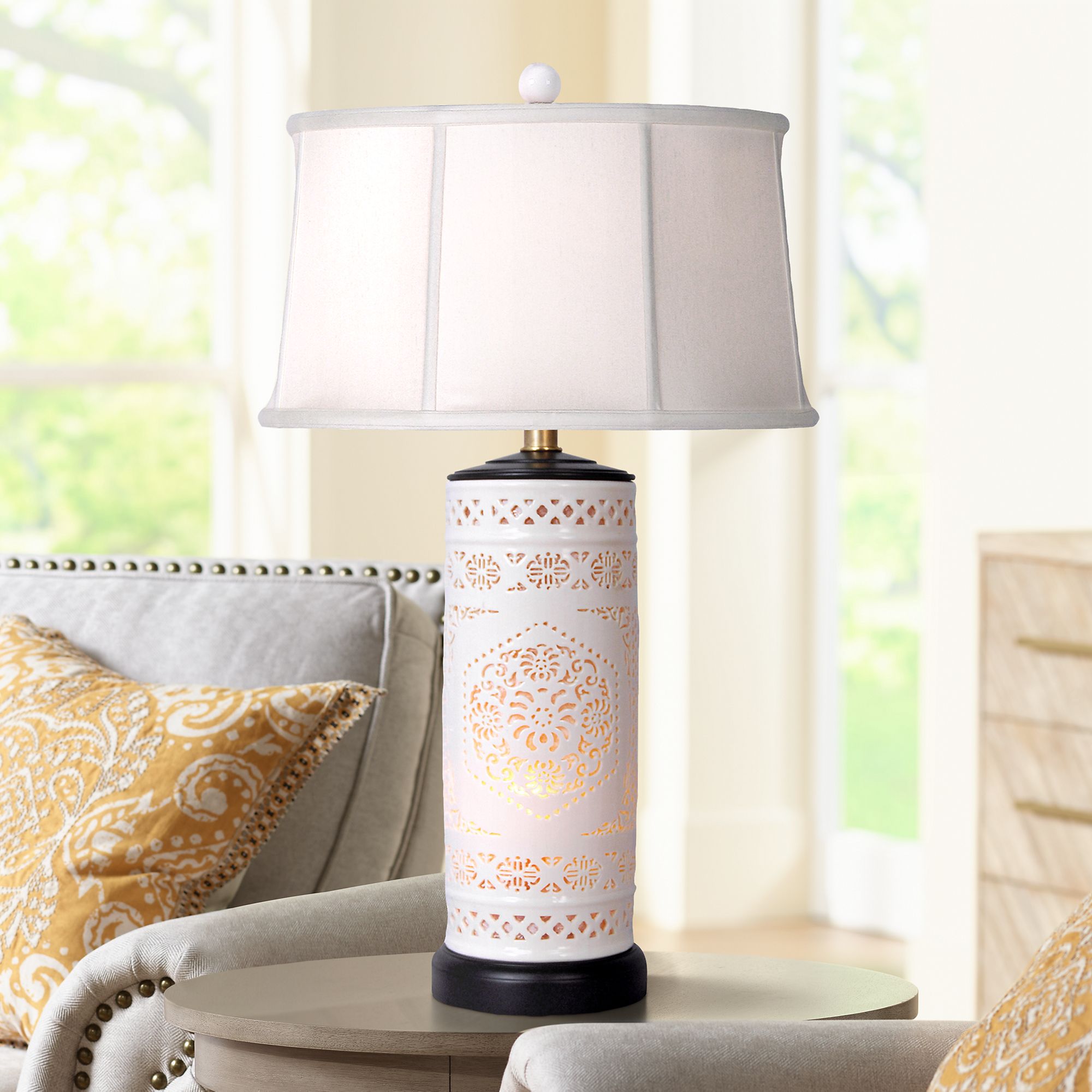Pierced Bone China with Drum Shade Night Light Table Lamp