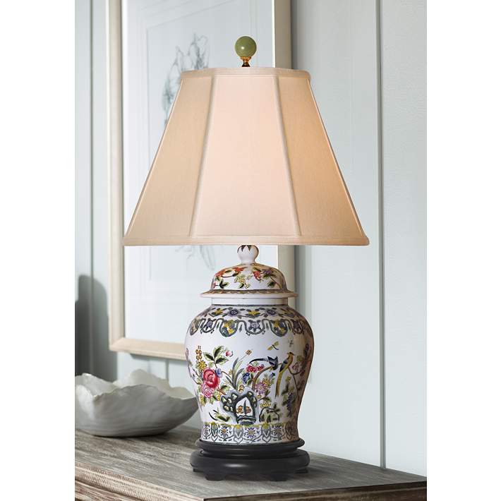 Famille Rose Temple Jar Porcelain Table, Lily Ginger Jar Porcelain Table Lamp