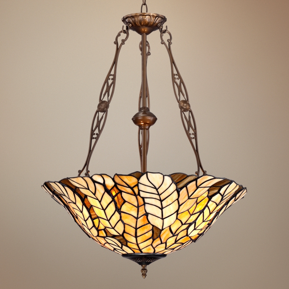 Tiffany Style Amber Leaf 20" Wide Art Glass Pendant Light   #W3188