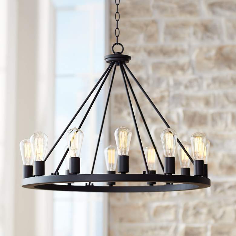 Lacey 28&quot; Wide Round Black 12-Light LED Wagon Wheel Chandelier