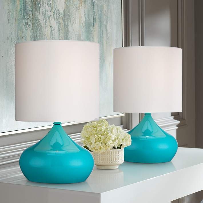 Teal Blue Small Accent Lamps Set, Teal Small Lamp Shade