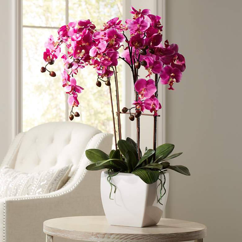 Potted White Ceramic 29&quot; High Faux Fuchsia Orchid