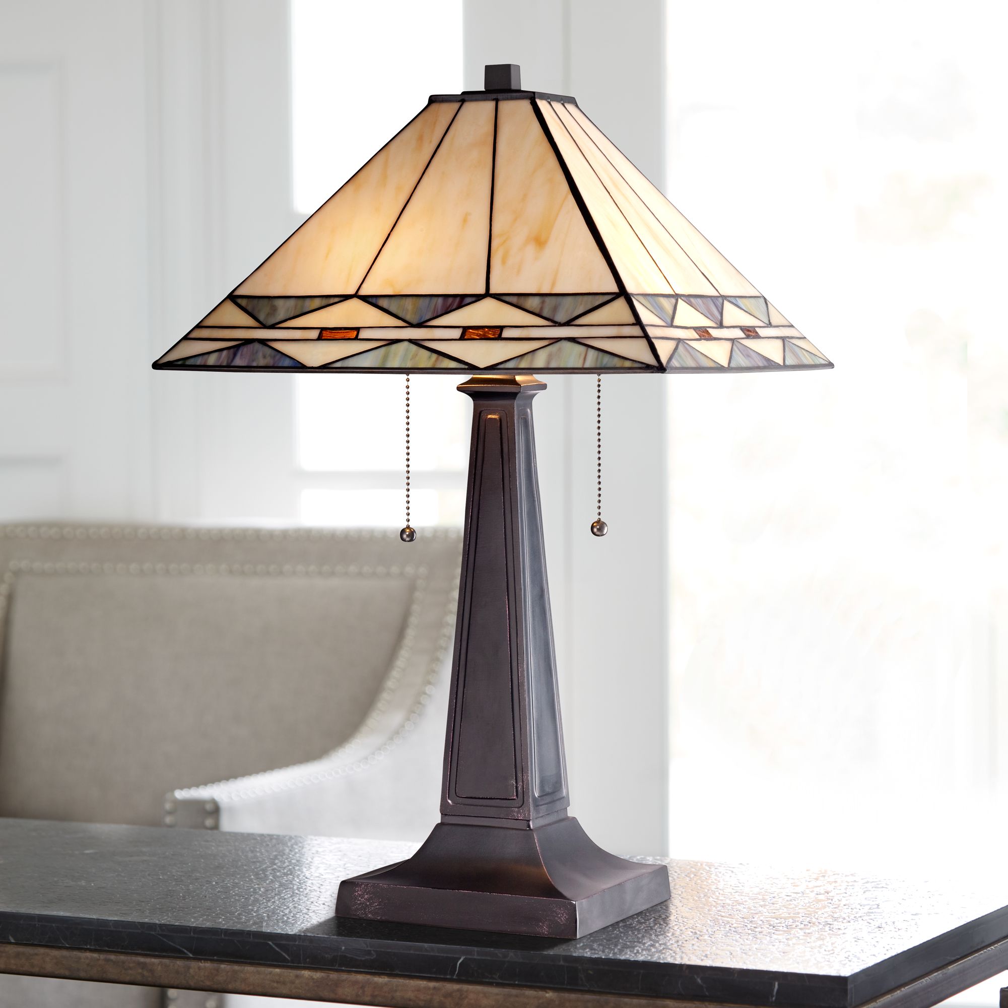 Mission Square Art Glass and Bronze Table Lamp