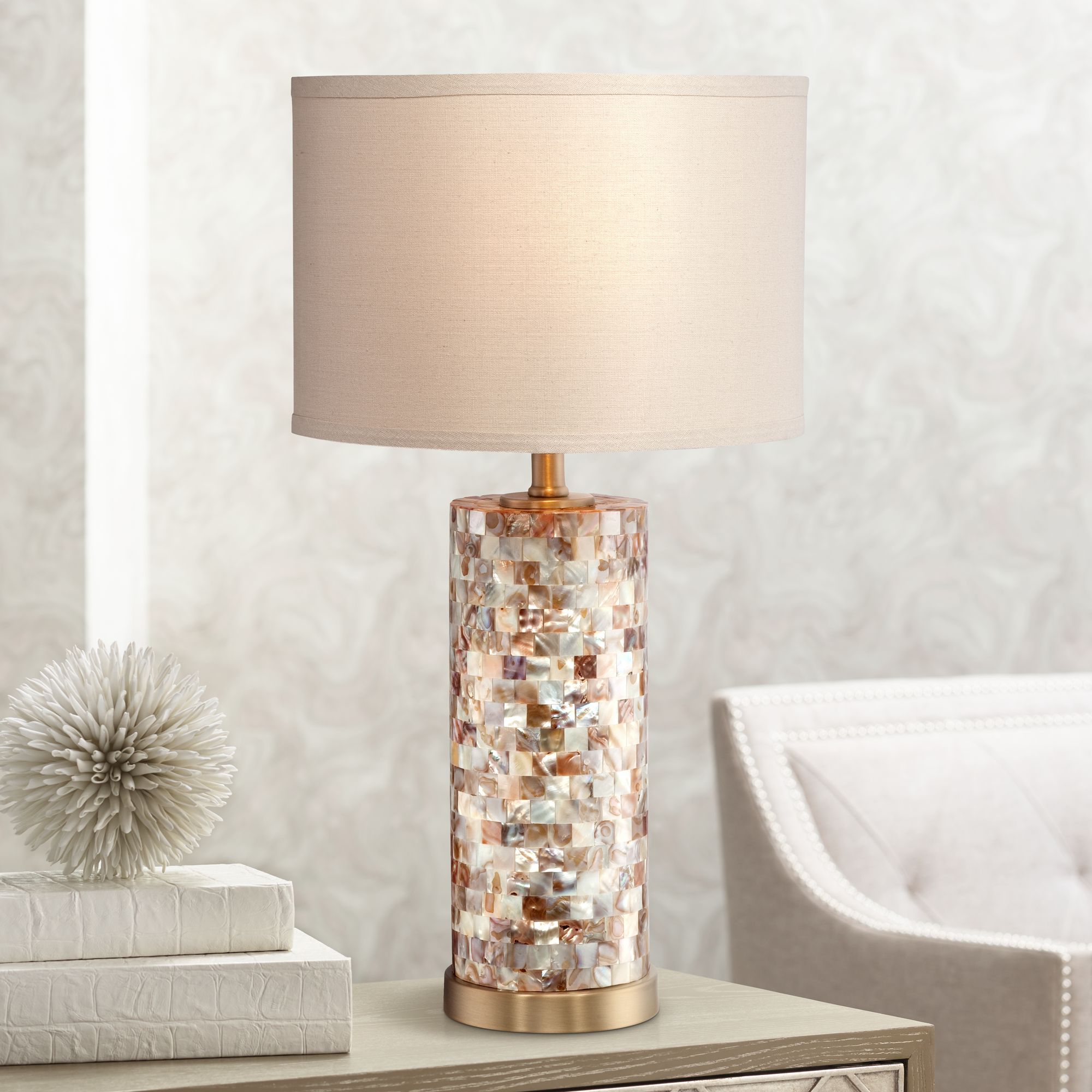 Margaret Mother of Pearl Tile Cylinder Table Lamp Y4778 Lamps Plus