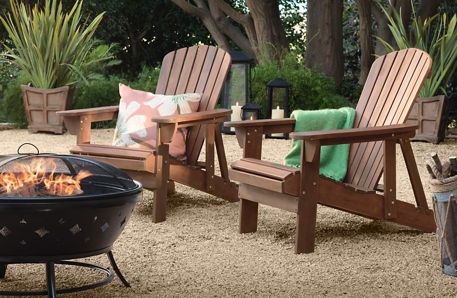 Enjoy this perfect match - Adirondack chairs in a garden around a steel  firepit. | Lamps Plus