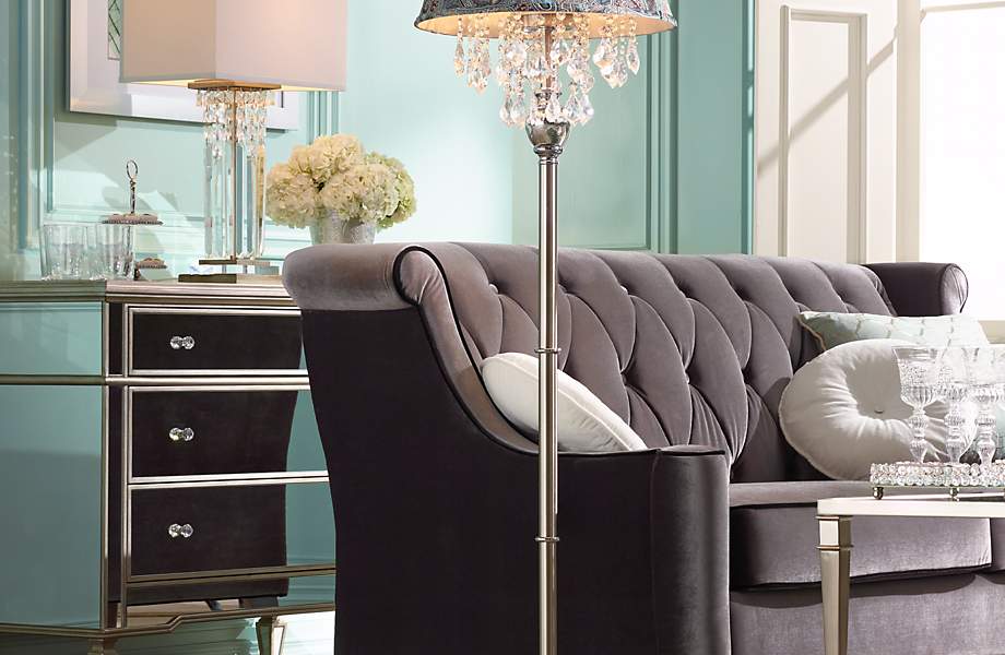 A Floor Lamp With Hanging Crystal Becomes A Glittering Living Room