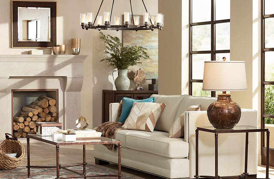 A Large Chandelier Anchors Cozy, Rustic Chandeliers For Living Room