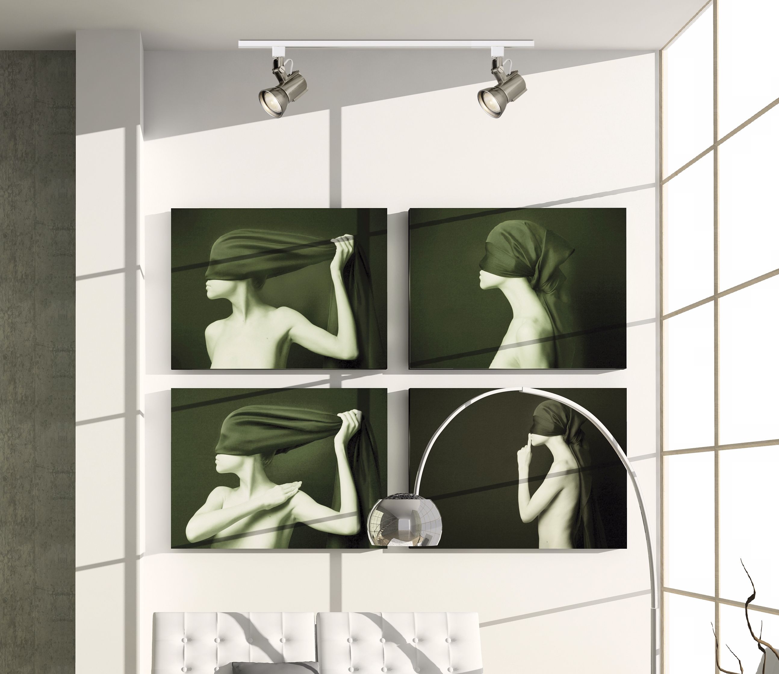 Track lights aimed to illuminate wall art in a living room. | Lamps Plus