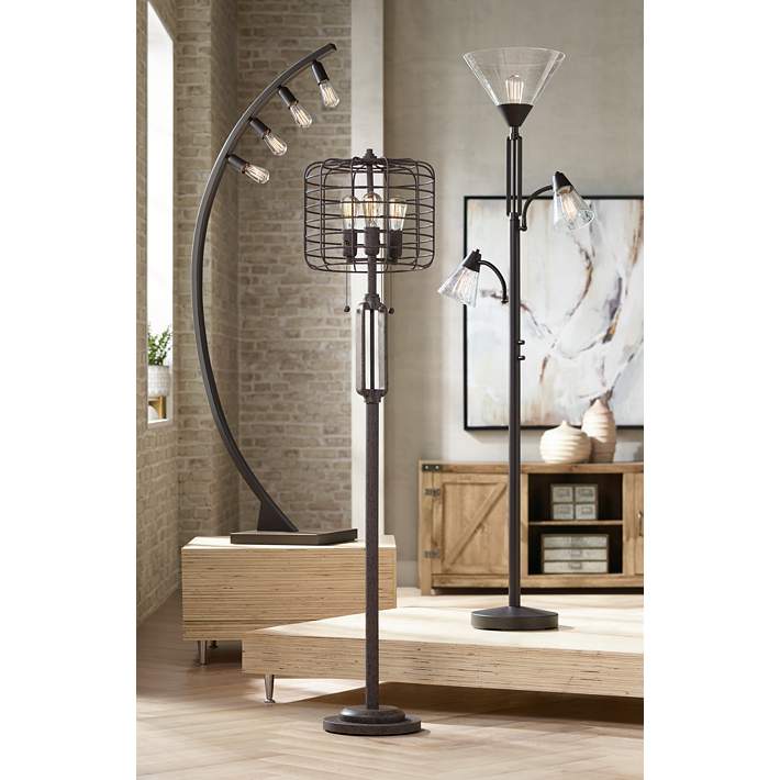 Industrial Cage Bronze Floor Lamp With, Edison Light Bulb Standing Lamp