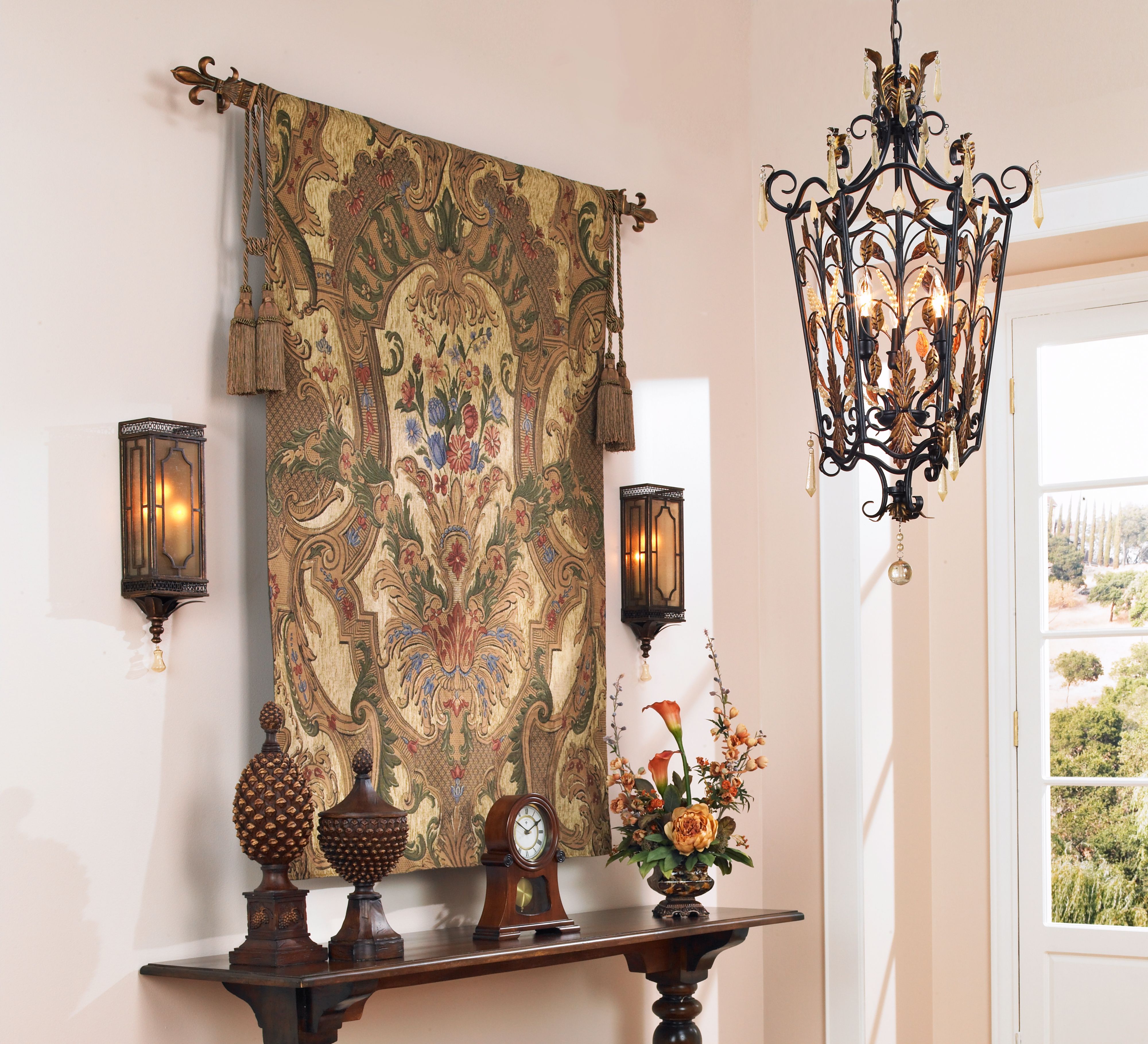 A traditional tapestry design looks elegant in an entry. Lamps Plus
