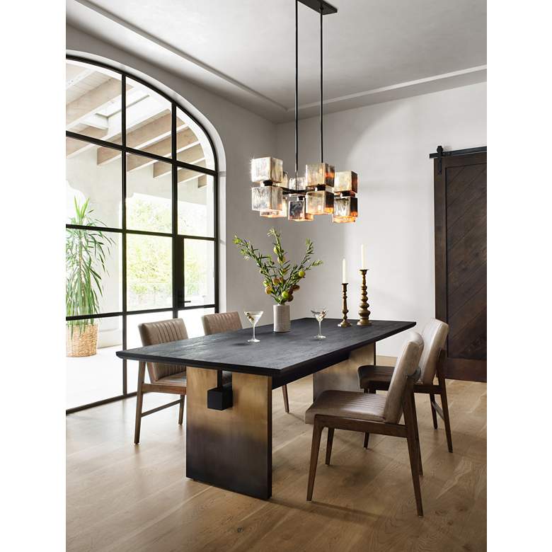 Brennan 94&quot; Wide Brass Iron and Oak Ombre Dining Table in scene