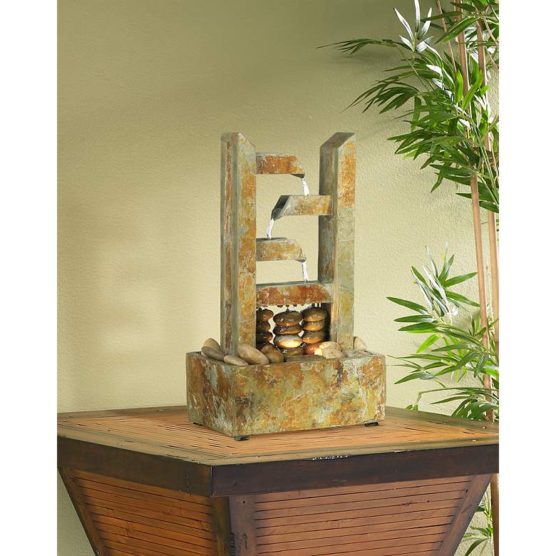 Image 1 Zigzag Zen Natural Slate Lighted 17 1/4" High Table Fountain in scene