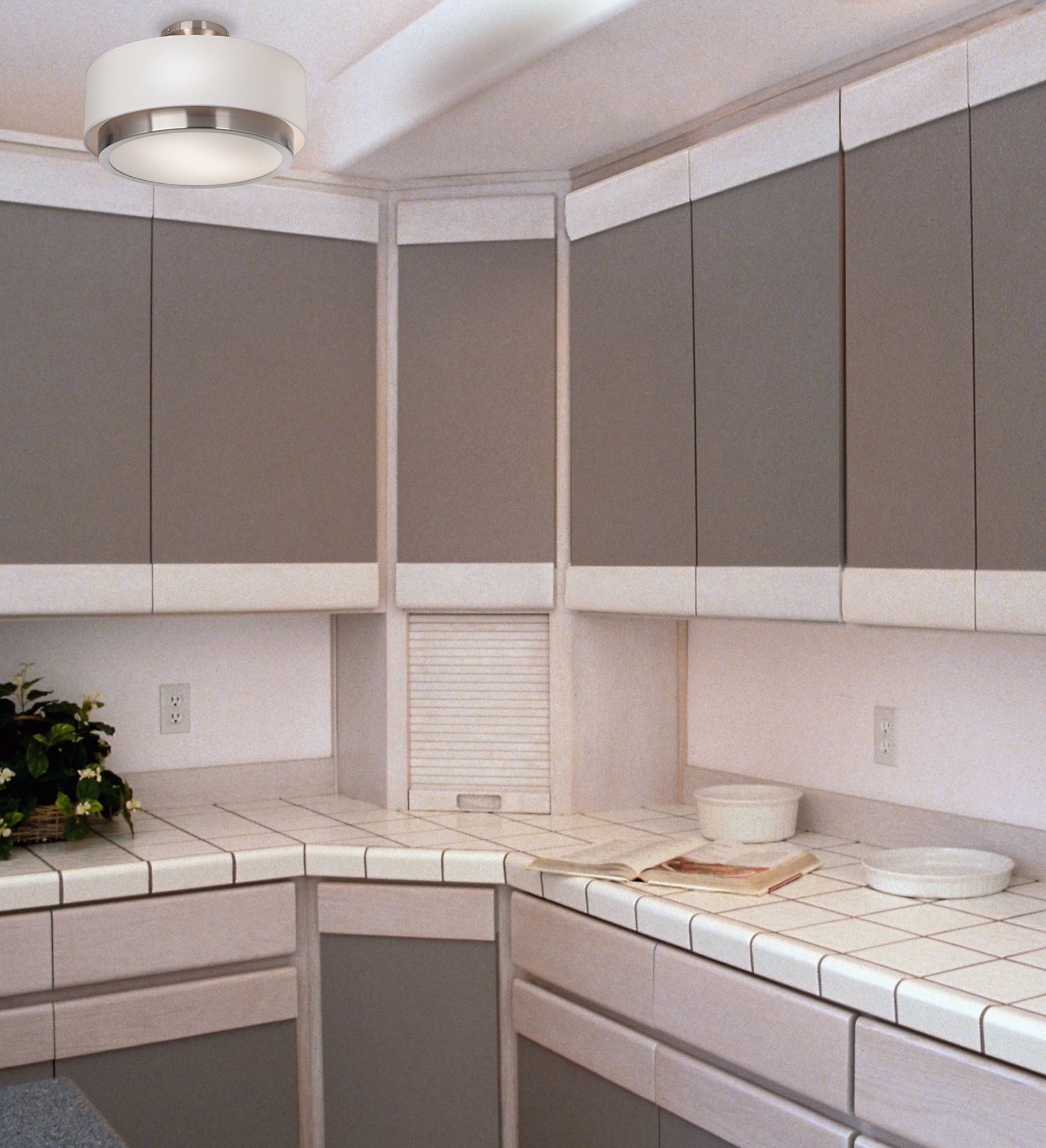 A white kitchen with a sleek Scandia ceiling light fixture. | Lamps Plus