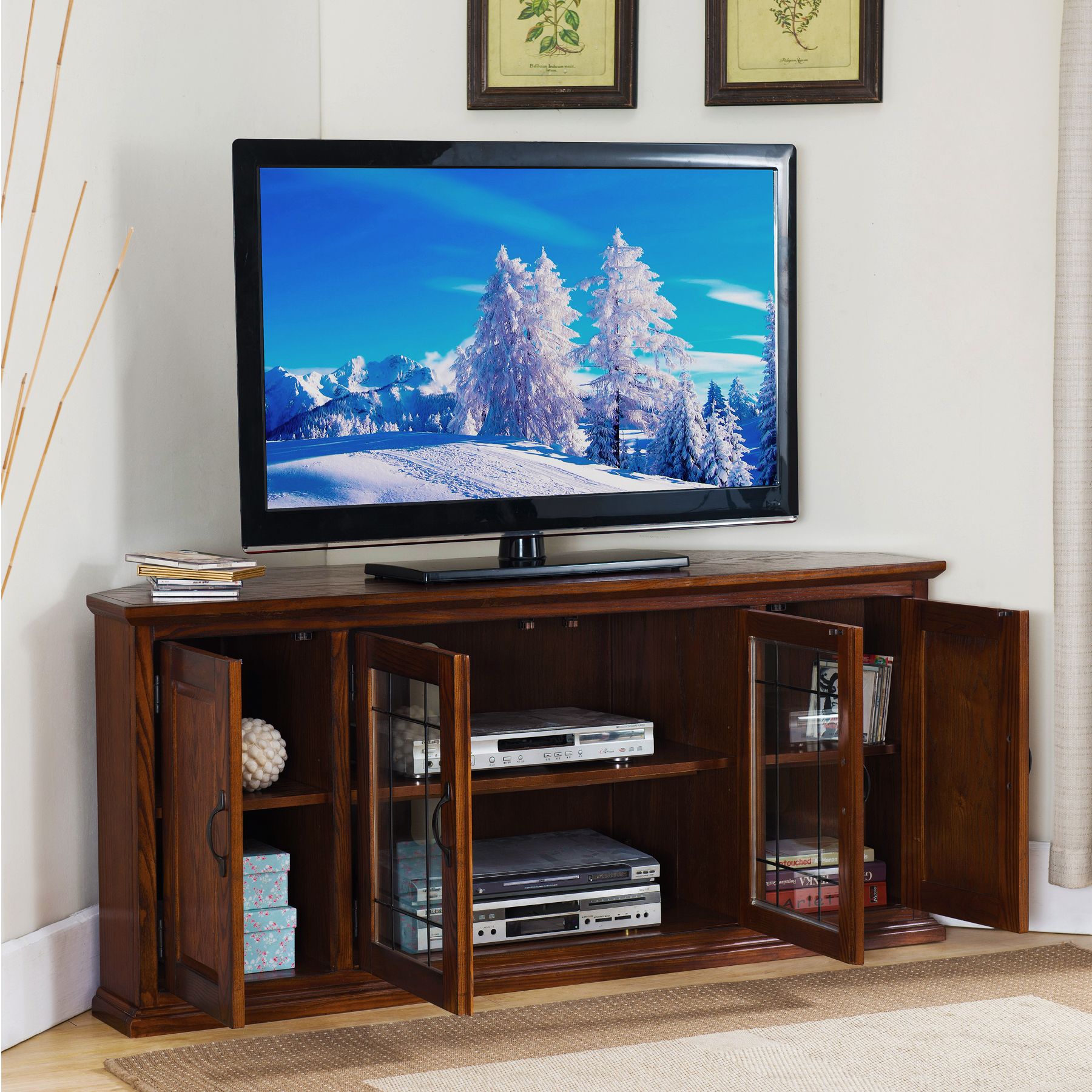 Leick 56 Wide Burnished Oak Leaded Glass Corner Tv Cabinet