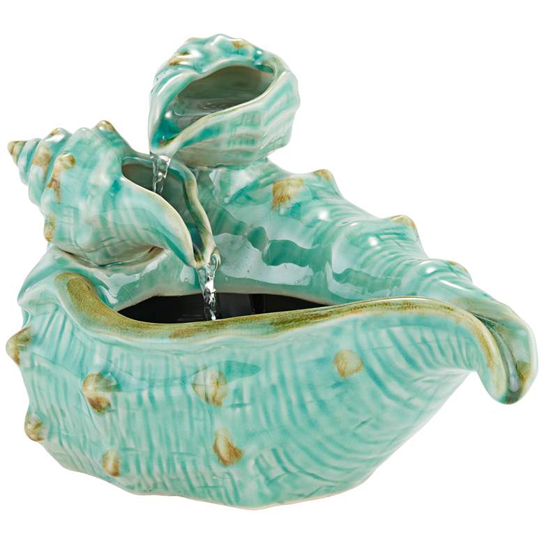 Image 3 Seashells 7"H Teal Ceramic Indoor/Outdoor Tabletop Fountain more views