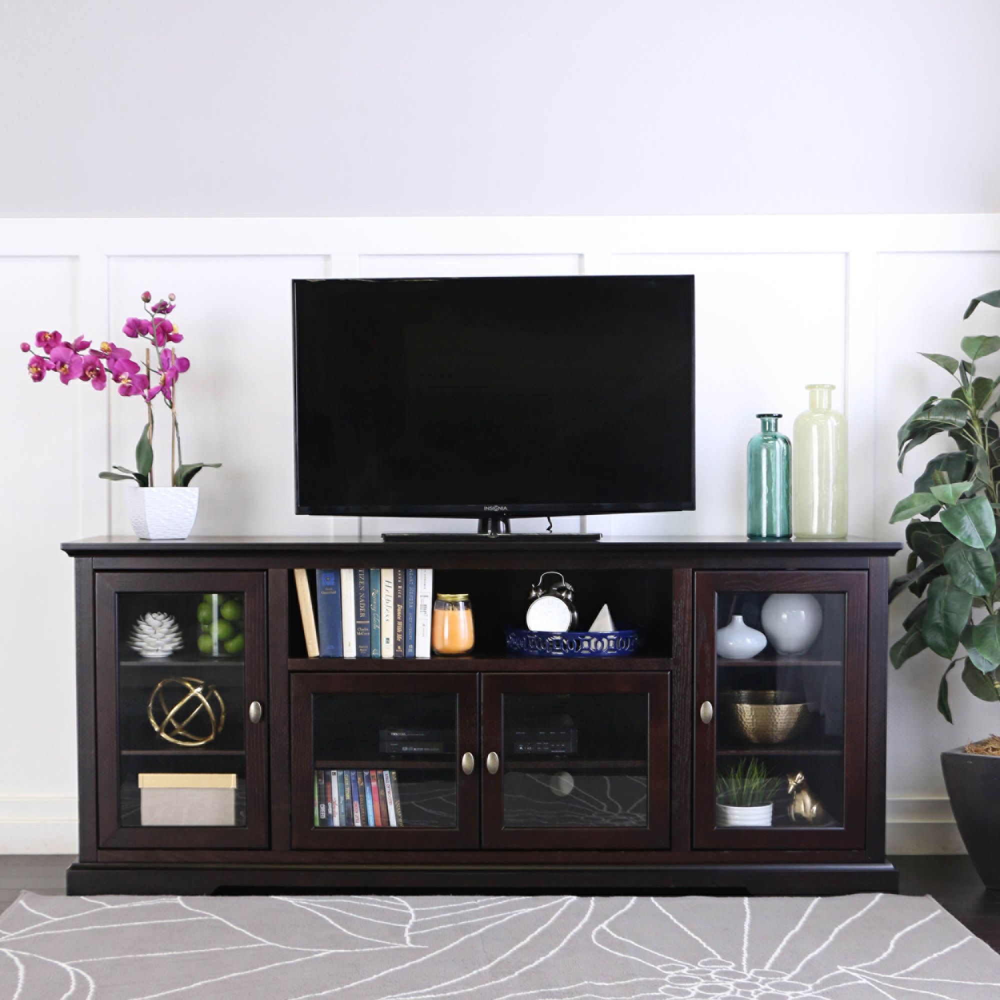 Cass 70" Wide Espresso Wood 4Door TV Stand with Glass Doors 1W397