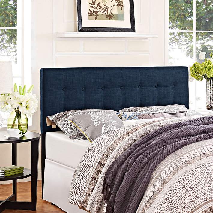 Emily Navy On Tufted Fabric, Navy Tufted Queen Headboard
