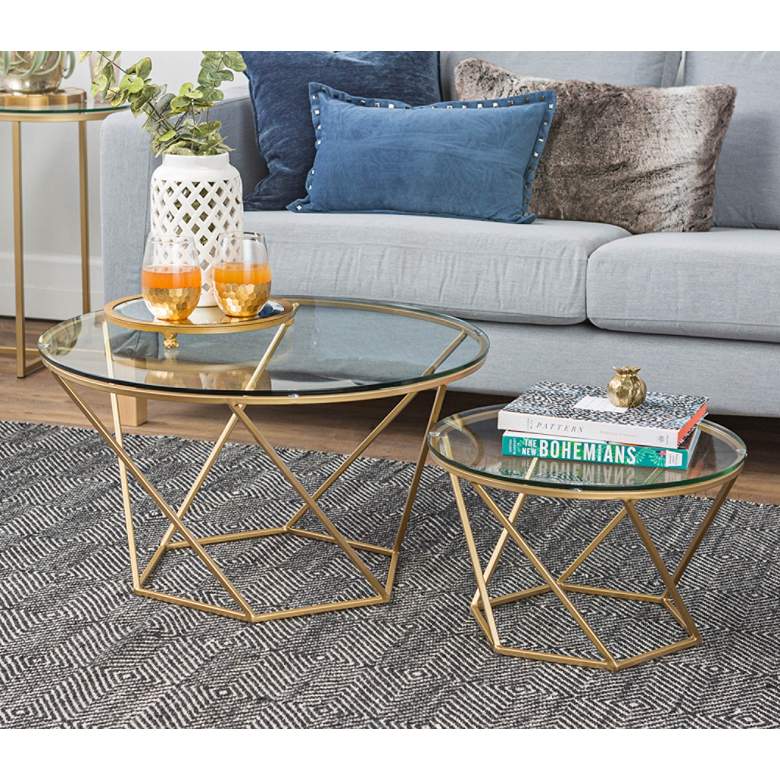 Image 2 Geometric Glass Top Gold 2-Piece Round Coffee Table Set more views