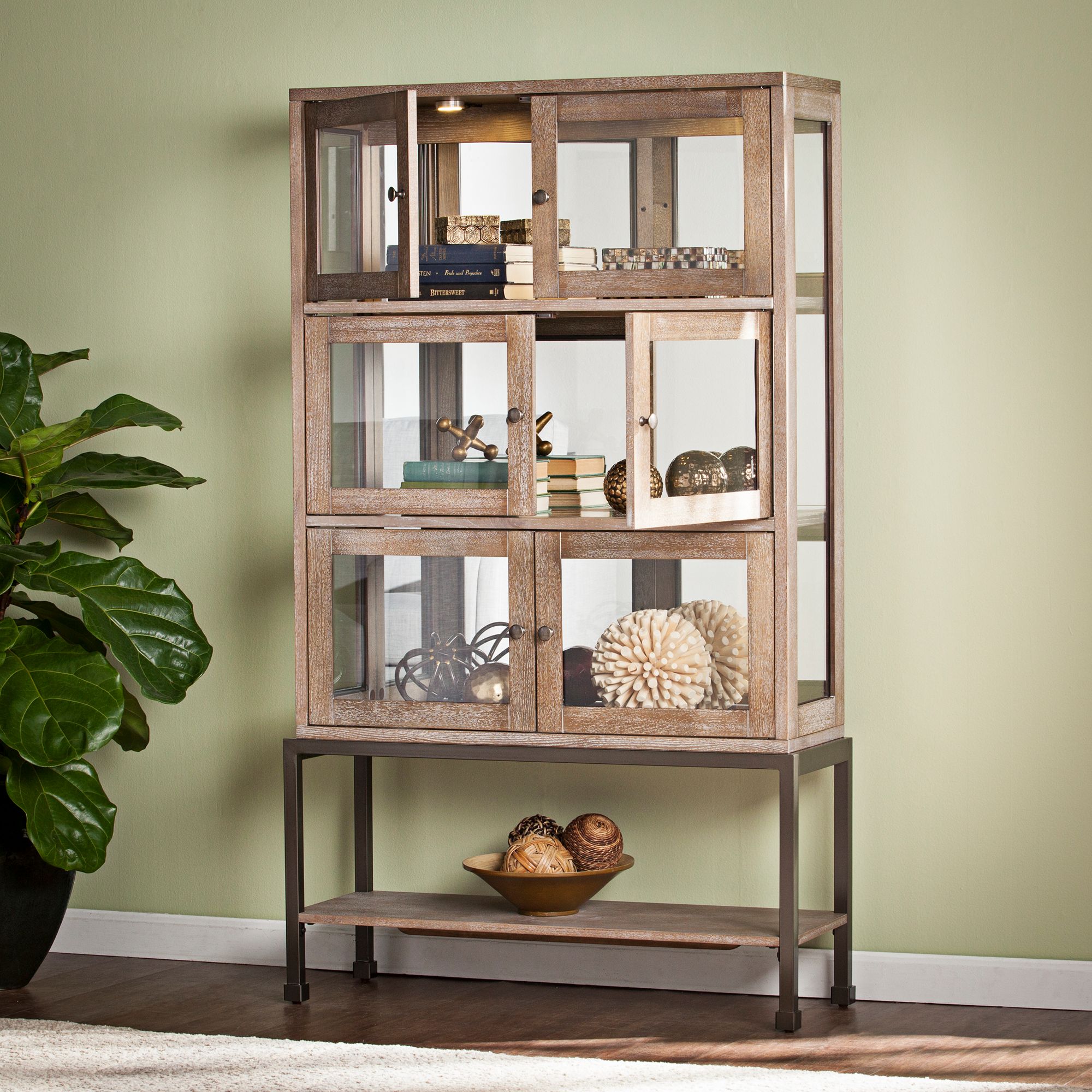 Brace 36 1 4 Wide Burnt Oak And Glass Lighted Curio Cabinet