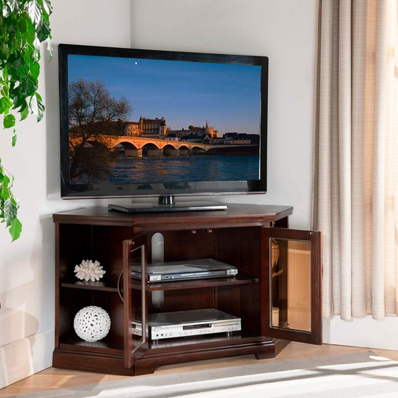 Traynor 46&quot; Wide Chocolate-Cherry Finish Corner TV Stand more views