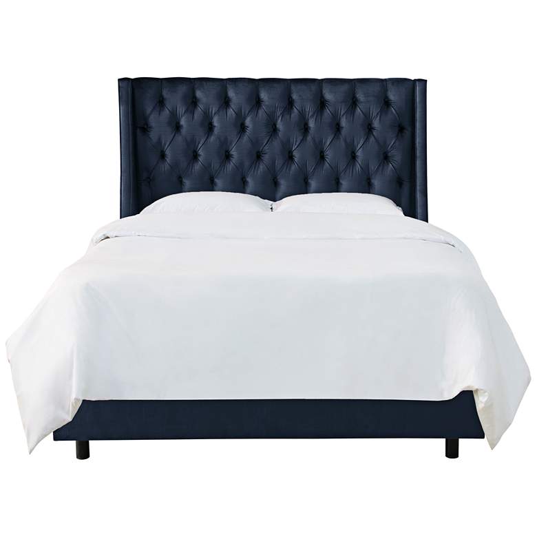 Madeline Majestic Navy Fabric Tufted Wingback Queen Bed more views