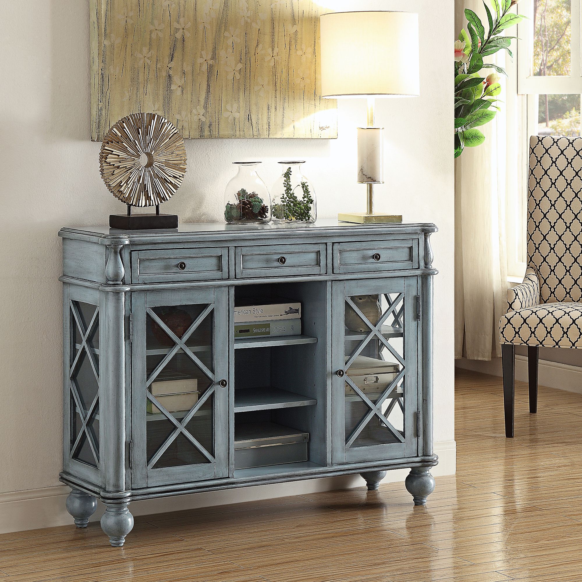 Dayna 48" Wide Antiqued Blue Wood Credenza with Glass Doors 42A90