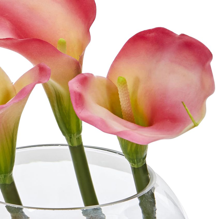 Pink Calla Lily 9" High Faux Flowers in Round Glass Vase 42R44