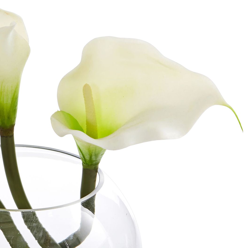 White Calla Lily 9" High Faux Flowers in Round Glass Vase 42R47