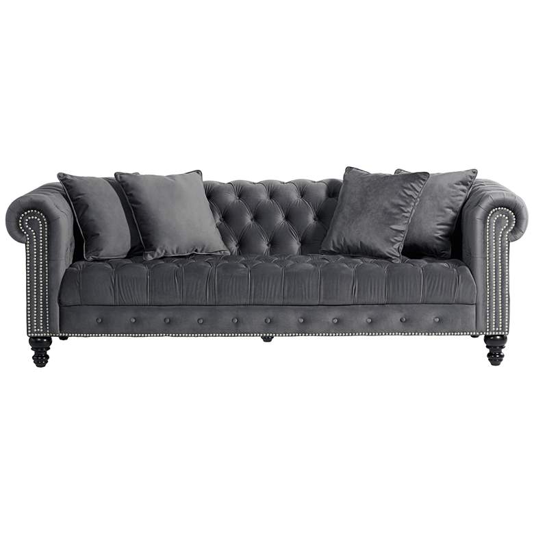 Image 7 Jordan 90" Wide Tufted Dark Gray Velvet Sofa more views