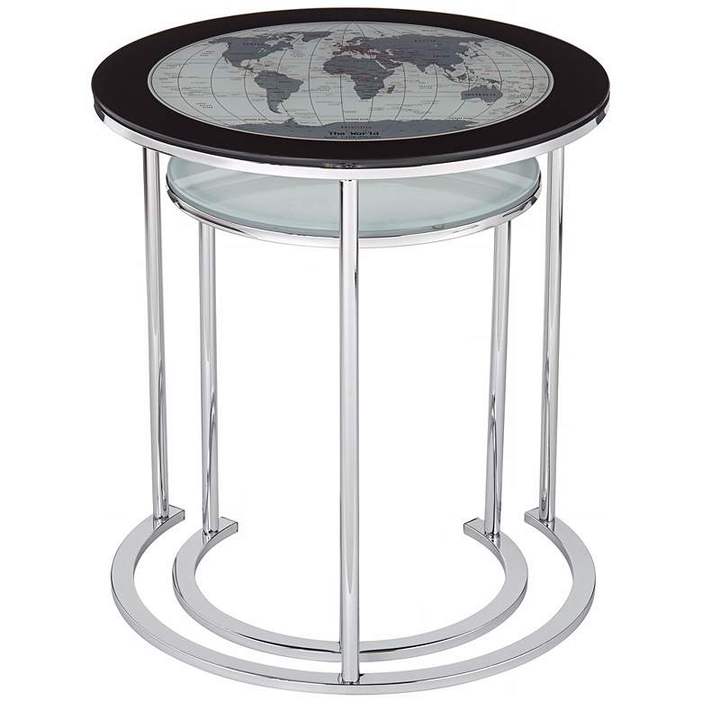 World Map 23 1/4&quot; Chrome and Glass 2-Piece Nesting Tables more views