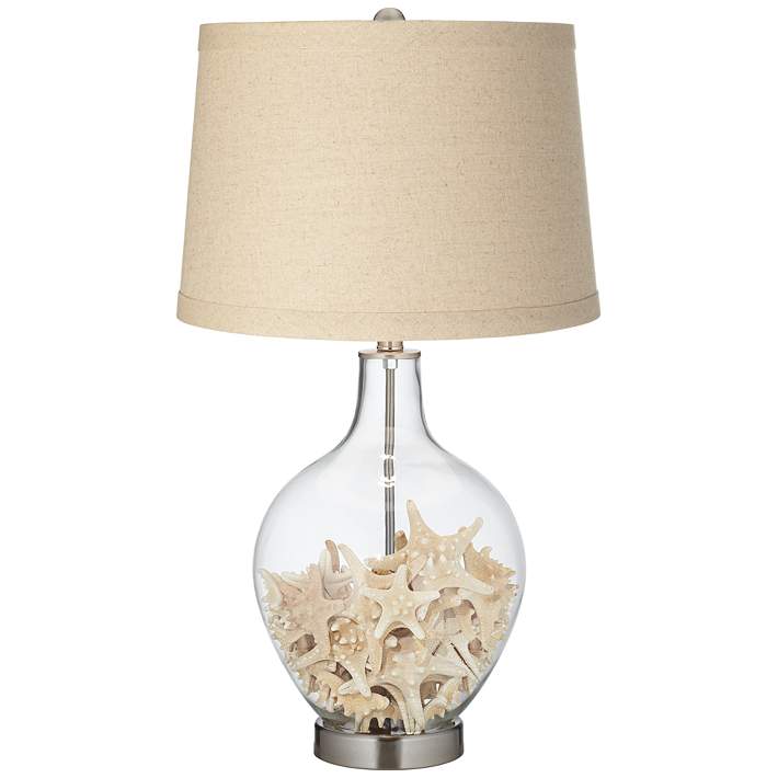 Clear Glass Fillable Burlap Drum Shade, Table Lamp With Burlap Drum Shade