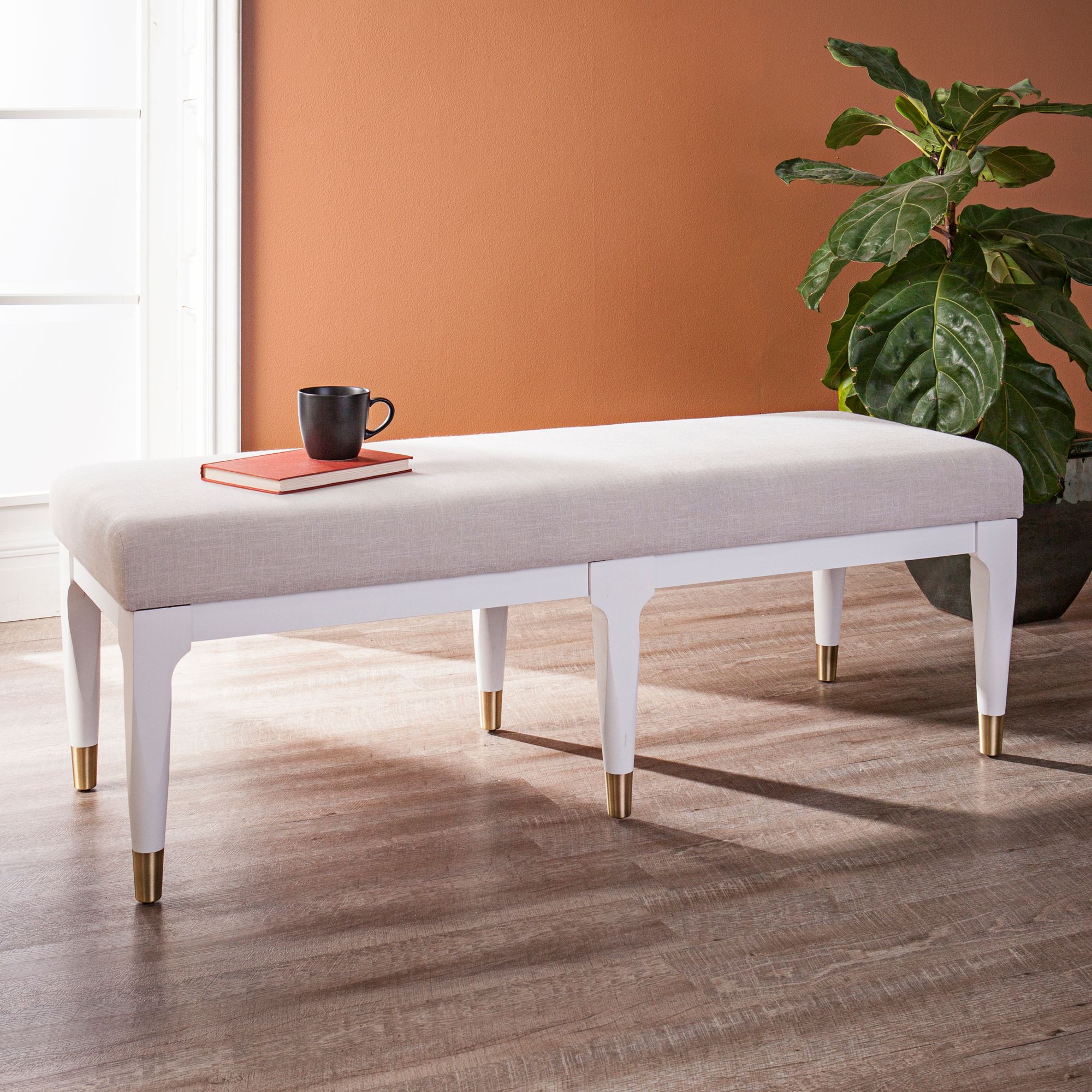 Damari Linen White Fabric Rectangular Bench