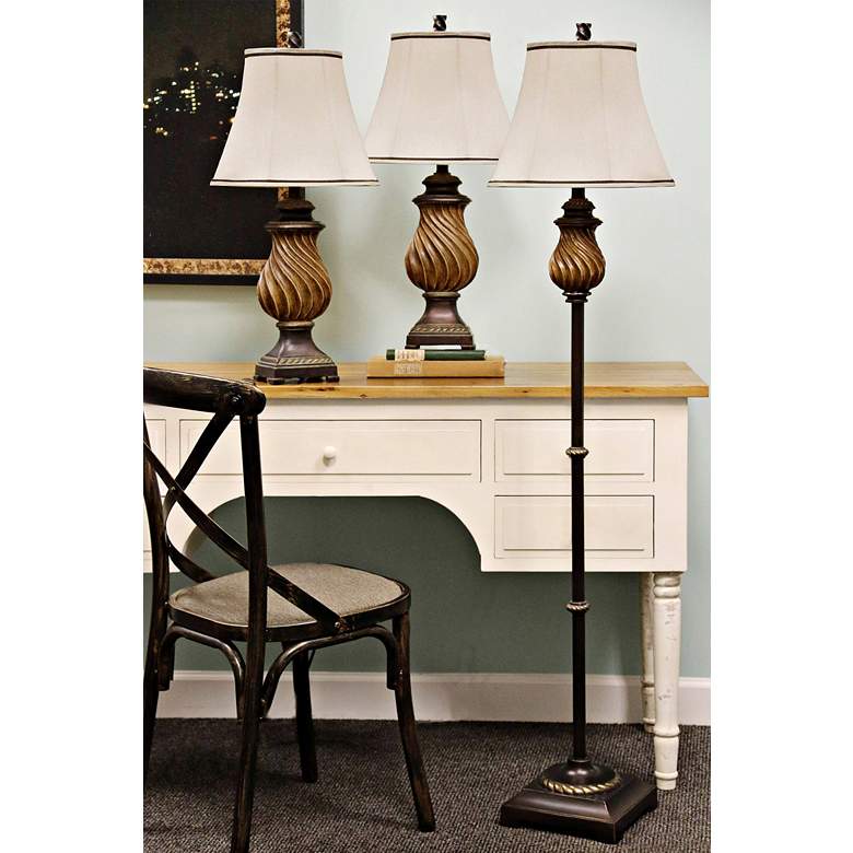 Image 2 Toffee Wood 3-Piece Table Lamps and Floor Lamp Set more views