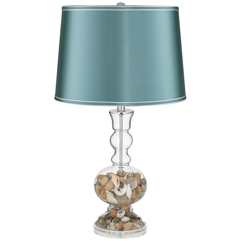 Image 2 Clear Glass Fillable Teal Satin Shade Apothecary Table Lamp more views