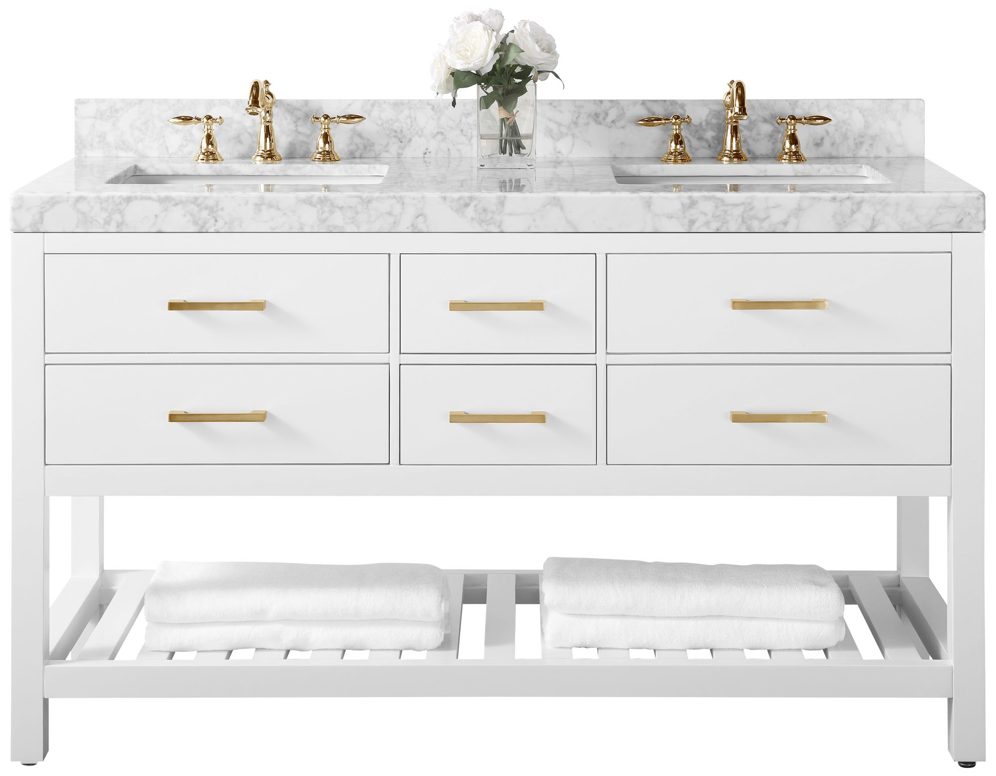 Elizabeth 60"W Gold Hardware White Marble Double Sink Vanity 62X14