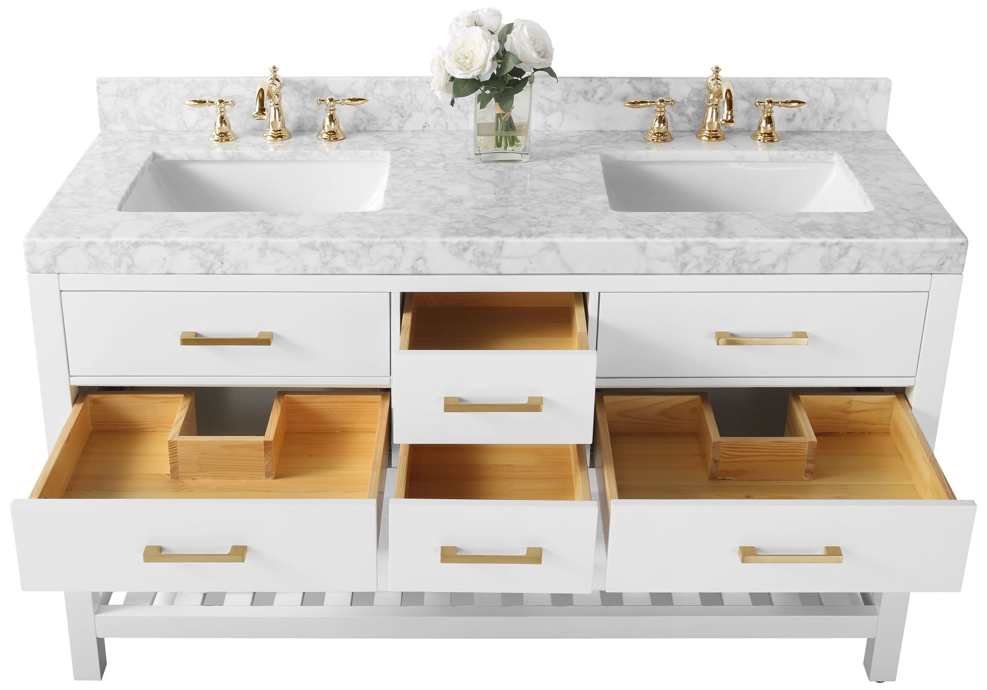 Elizabeth 60"W Gold Hardware White Marble Double Sink Vanity 62X14