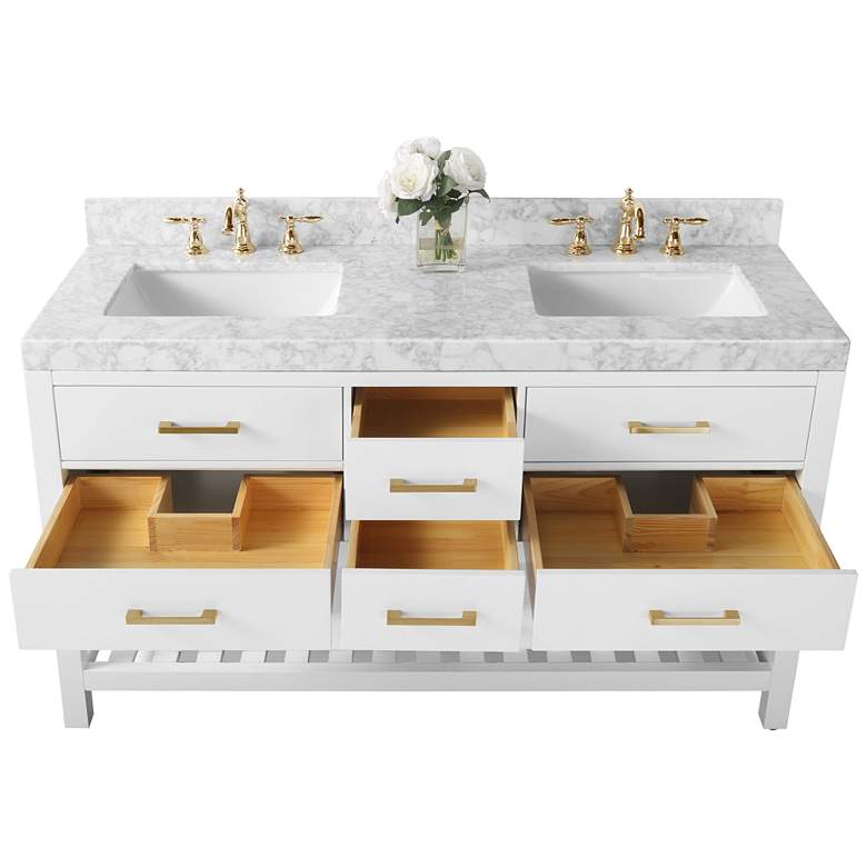 Elizabeth 60&quot;W Gold Hardware White Marble Double Sink Vanity more views