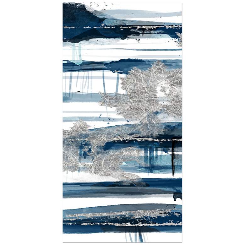 Image 4 Blue and Silver Leaf 40" High Triptych Canvas Wall Art more views