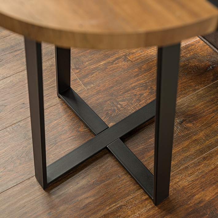 Rustic 18 Wide Metal Legs And Oak Top, Round Wood Top End Table With Metal Legs