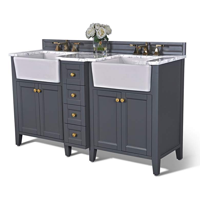 Adeline Sapphire Gray 60&quot;W White Marble Double Sink Vanity more views