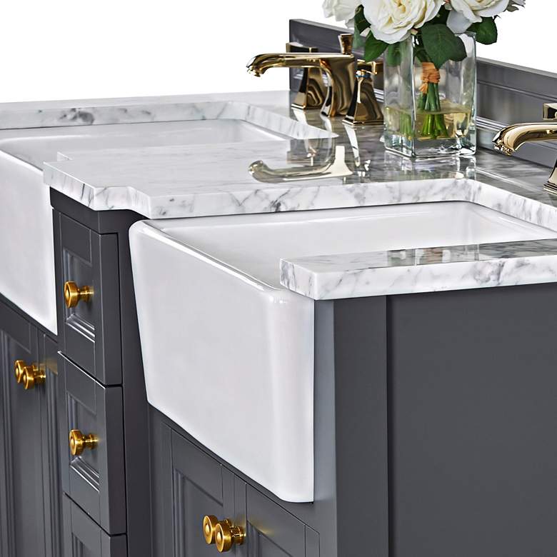 Adeline Sapphire Gray 60&quot;W White Marble Double Sink Vanity more views