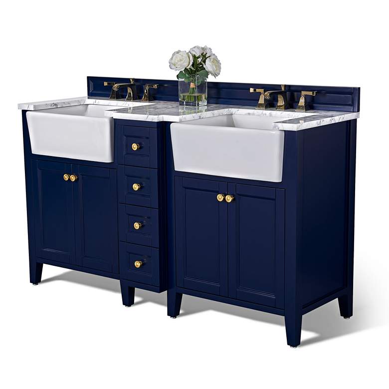 Adeline Heritage Blue 60&quot;W White Marble Double Sink Vanity more views