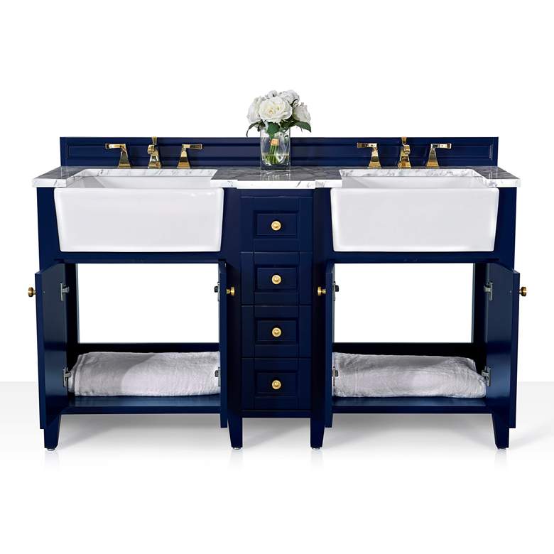 Adeline Heritage Blue 60&quot;W White Marble Double Sink Vanity more views