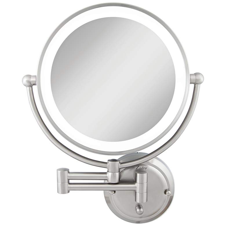 Glamour Satin Nickel Round Lighted Makeup Wall Mirror more views