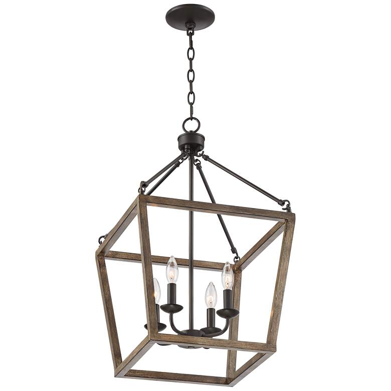 Image 7 Astor 16" Wide Bronze and Wood Grain 4-Light Entry Pendant more views