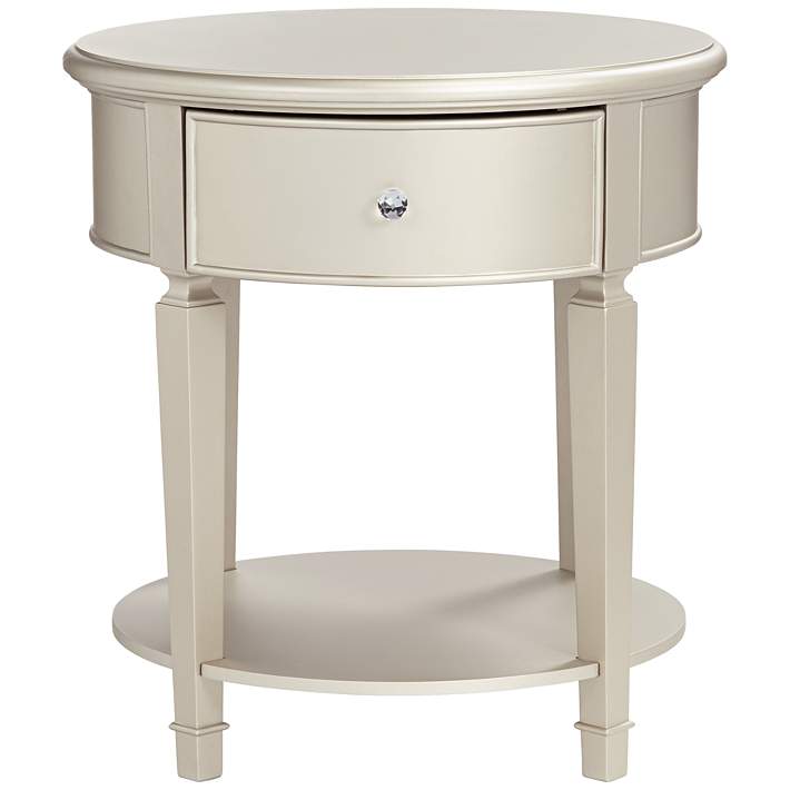 Wide Champagne Silver Round, Large Round End Table With Drawer