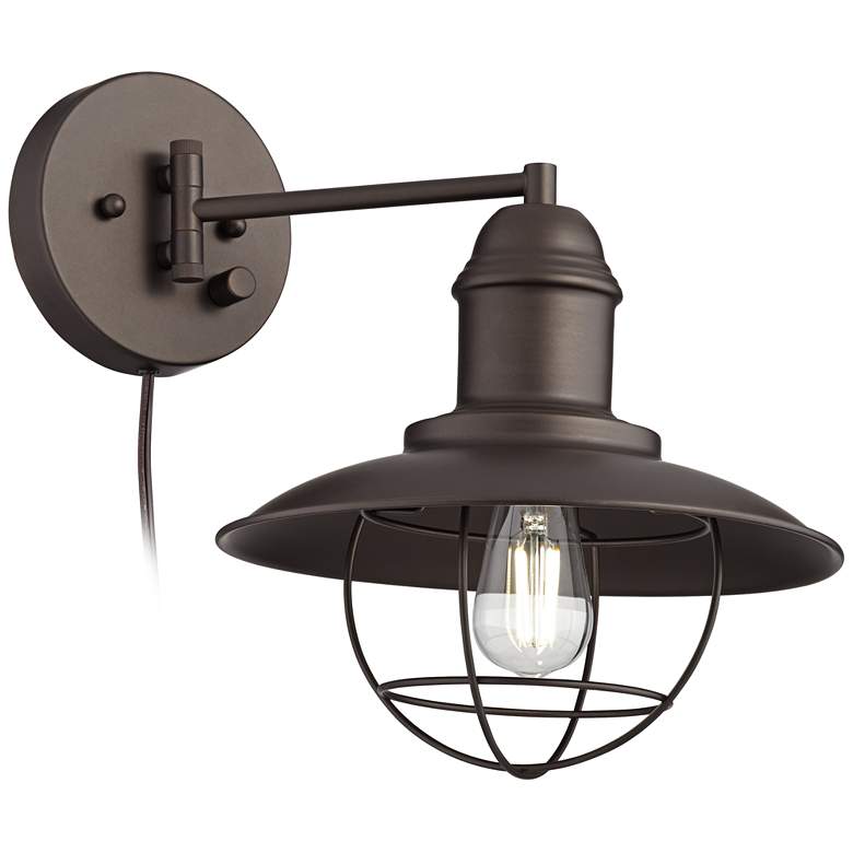 Amqui Bronze Cage Shade Plug-In Swing Arm Wall Lamp more views