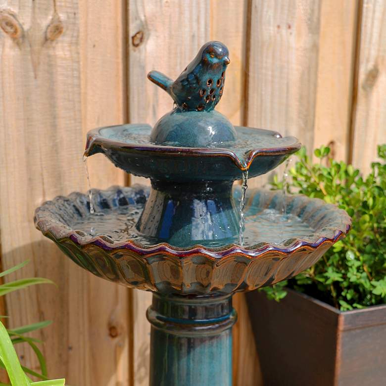 Image 4 Vogel 27 1/4" High Teal Blue Ceramic Bird Garden Fountain more views