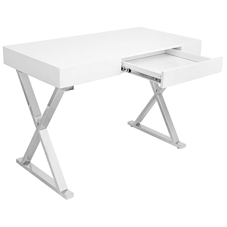 Luster 43 1/4&quot; Wide Glossy White and Chrome Modern Desk more views