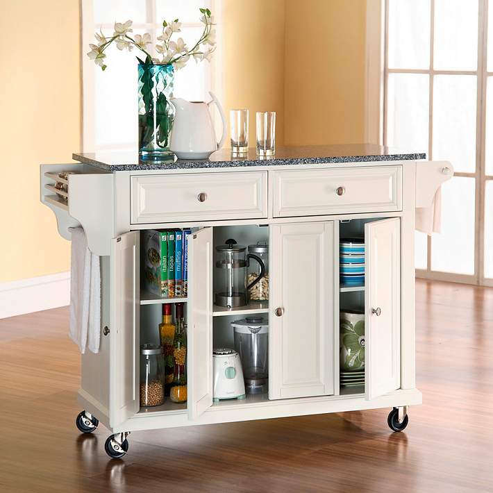 Dover 52 Wide Granite Top White, Large Kitchen Island Cart